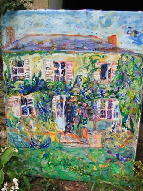 impressionist painting of a house in blues and greens
