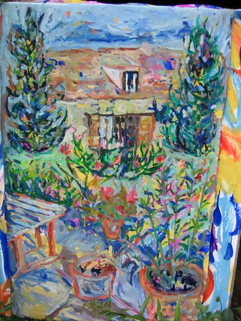 impressionistic painting of house and patio
