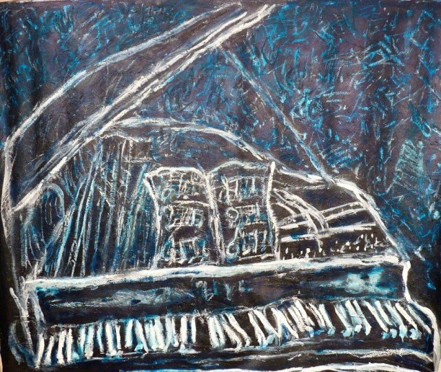 black, white, and blue sketch drawing of a piano