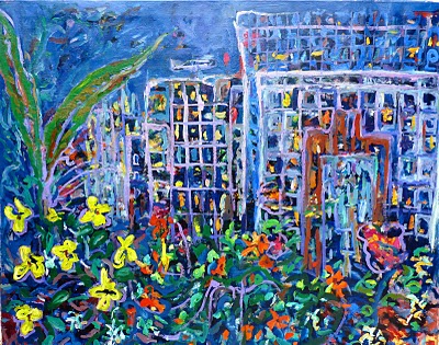 flourescent painting of buildings and flowers