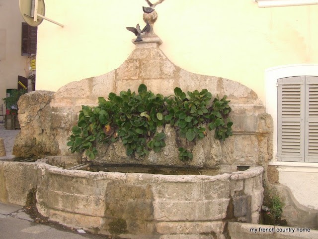 stone fountain with green plants