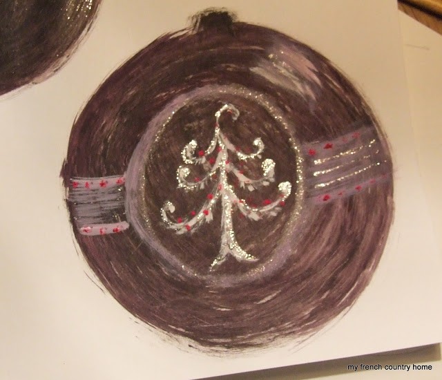 holiday-invites-my-french-country-home invitation sketch of a white tree of a dark grey ornament