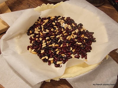 beans in a lined pie dish