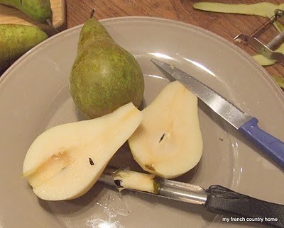 pears cut in half on a plate