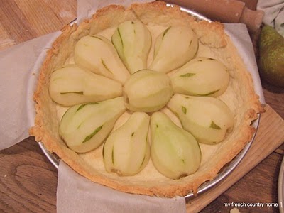 pear halves arranged in a pie crust