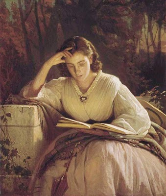painting of a woman reading a book in a white dress