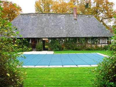 thatch-roofed pool house with pool in a manicured lawn