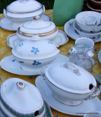 early-sunday-brocante-my-french-country-home small porcelain tureens on a table