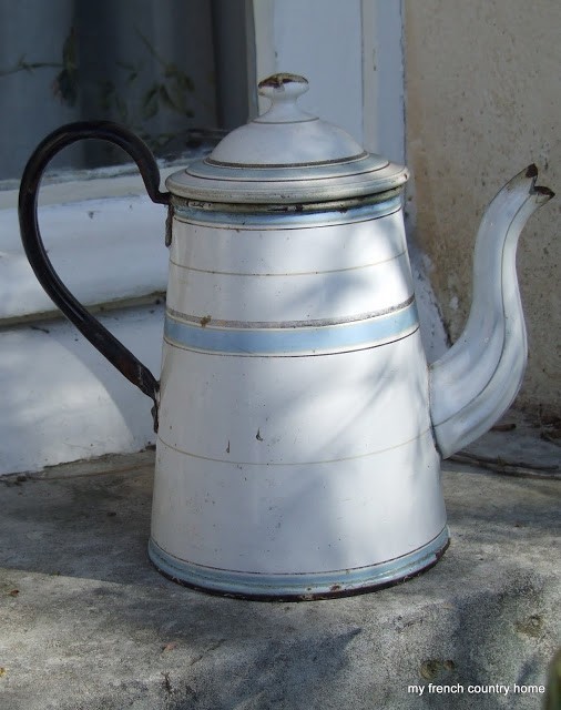 early-sunday-brocante-my-french-country-home metal teapot with blue stripe