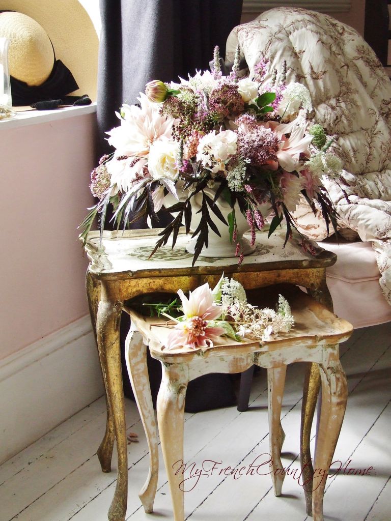 bouquet of dahlias and elderberies on a table