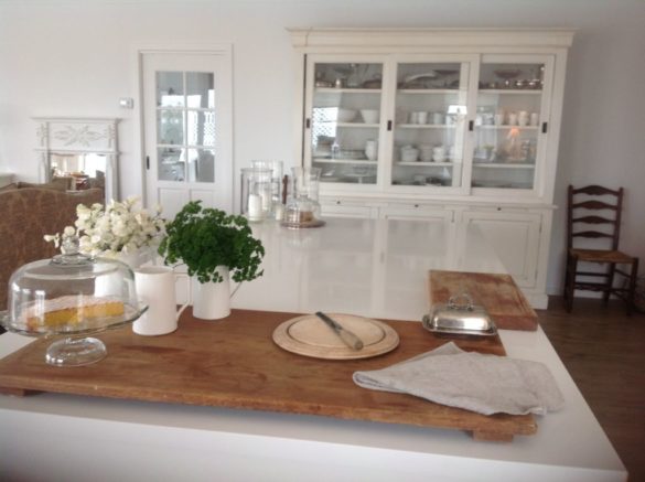 real-french-kitchens-home-pics-my-french-country-home bright kitchen with wooden worktop and china hutch