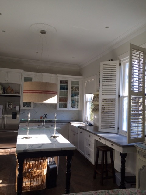 real-french-kitchens-home-pics-my-french-country-home kitchen with white cabinets and marblestop island