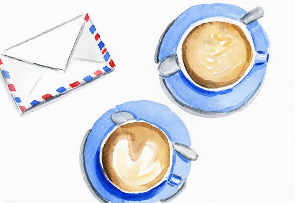 watercoliour illustration of coffee cups and air mail letter