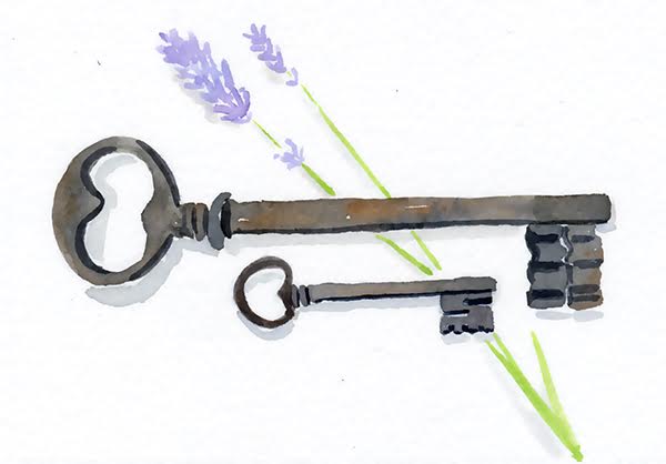 watercolour painting of keys with lavender