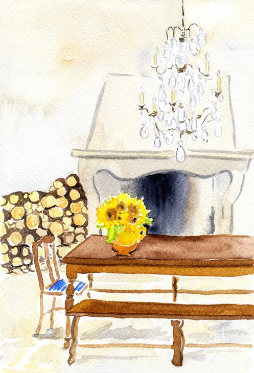 watercolour paitning of fireplace with logs
