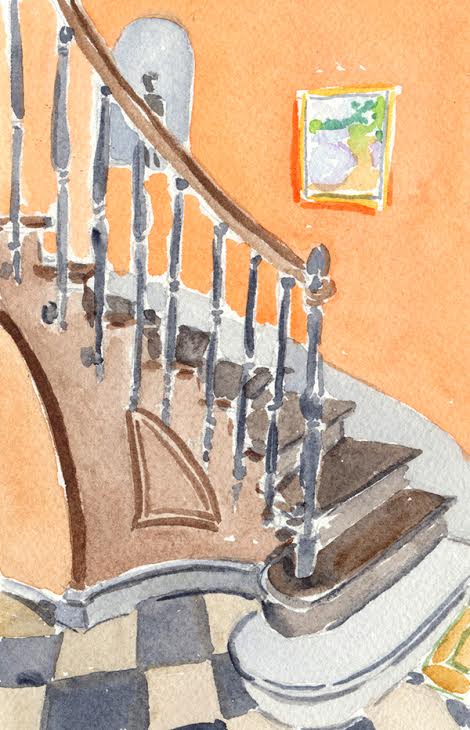 watercolour painting of winding stairs