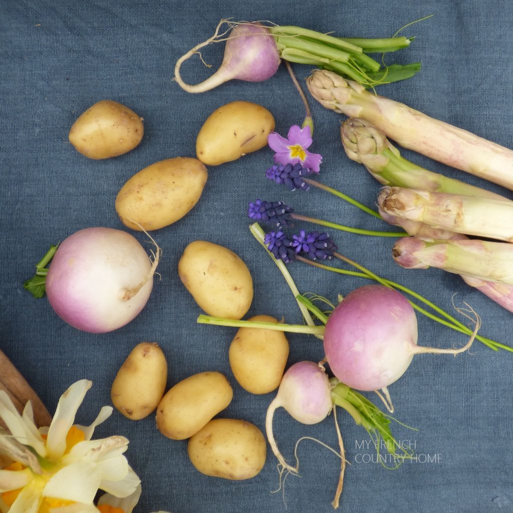 spring vegetables on blue cloth