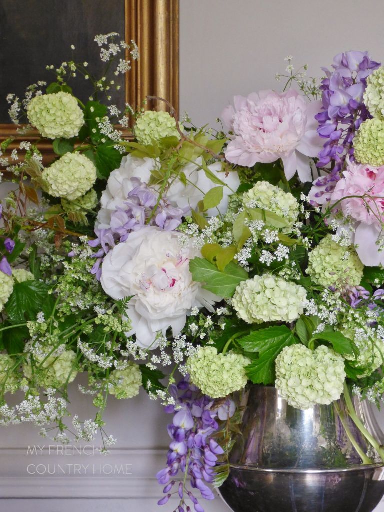 bouquet of peonies, wisteria and snowball verbena