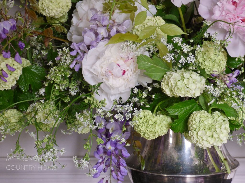 bouquet of peonies, wisteria and snowball verbena