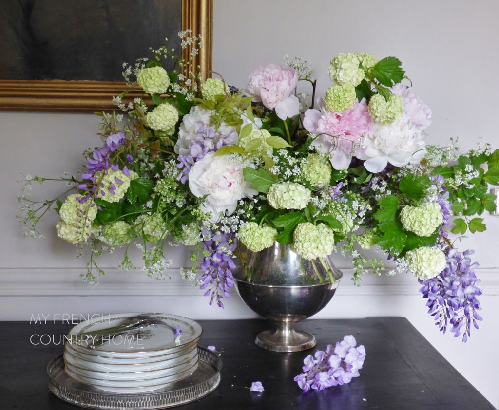 bouquet of peonies, wisteria and snowball verbena