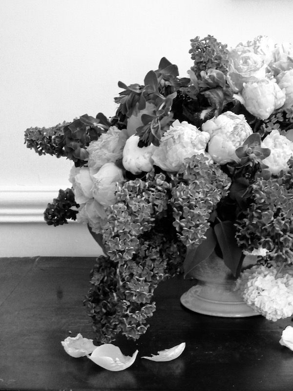 lilac in bouquet with roses and peonies