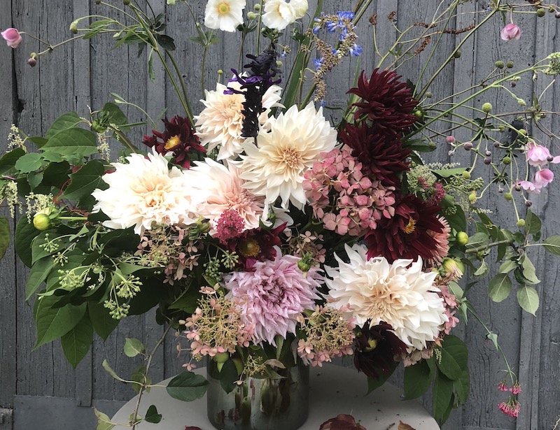 autumn flowers arranged in vase outside barn- MY FRENCH COUNTRY HOME