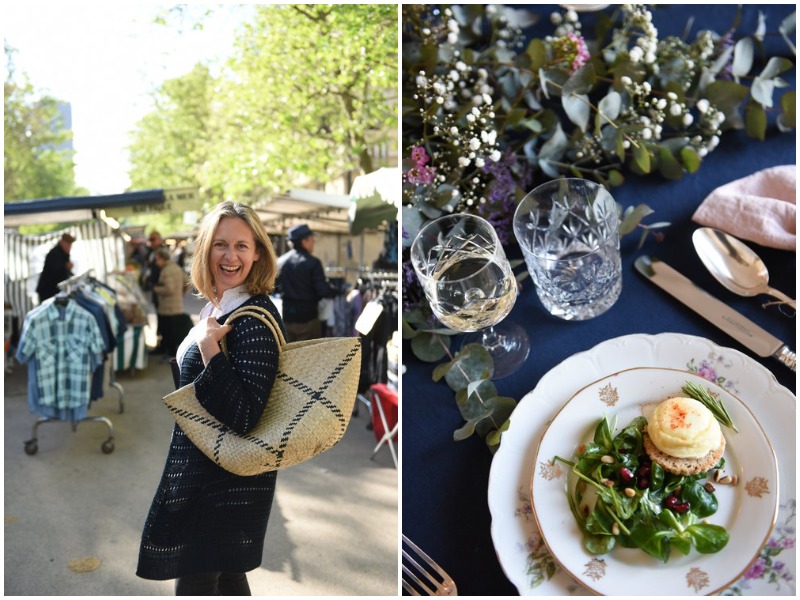 Veronique at the French Market and a beautifully set table with a souffle and salad