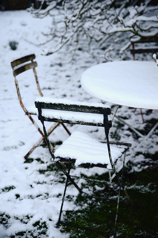 Chairs in the garden covered in snow- looking forward to christmas with the family- MY FRENCH COUNTRY HOME