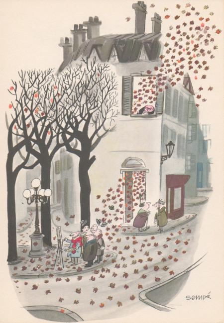 illustration of house in paris in the autumn by Jean Jacques Sempé