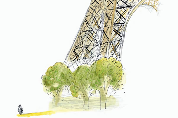 illustration of trees at foot of Eiffel Tower by Jean Jacques Sempé