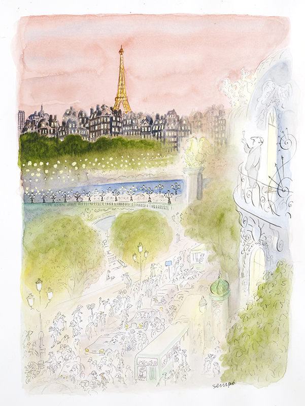 illustration of man drinking champagne while looking at paris skyline