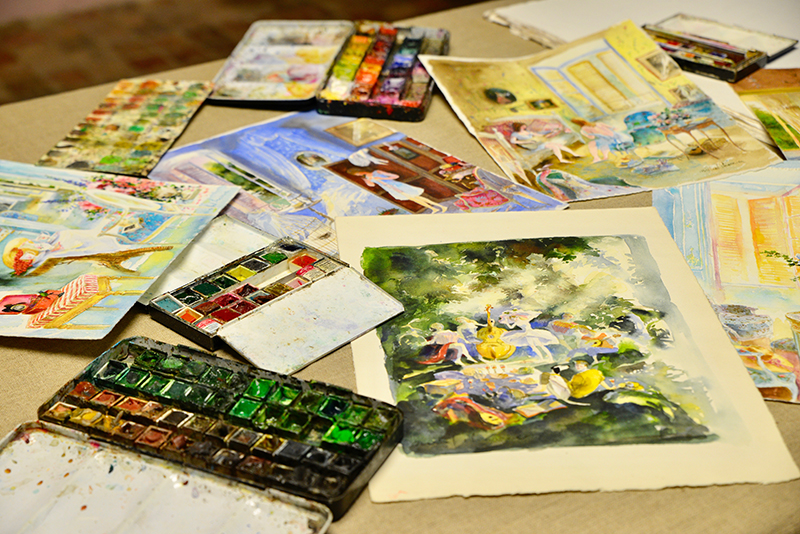 a spread of paintings and paints- in the artists atelier with michel charrier- MY FRENCH COUNTRY HOME