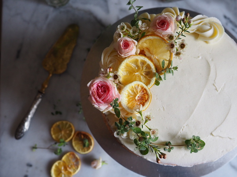 A beautiful lemon cake filled with lemon curd and iced with a vanilla bean buttercream, by Molly Wilkinson for My French Country Home