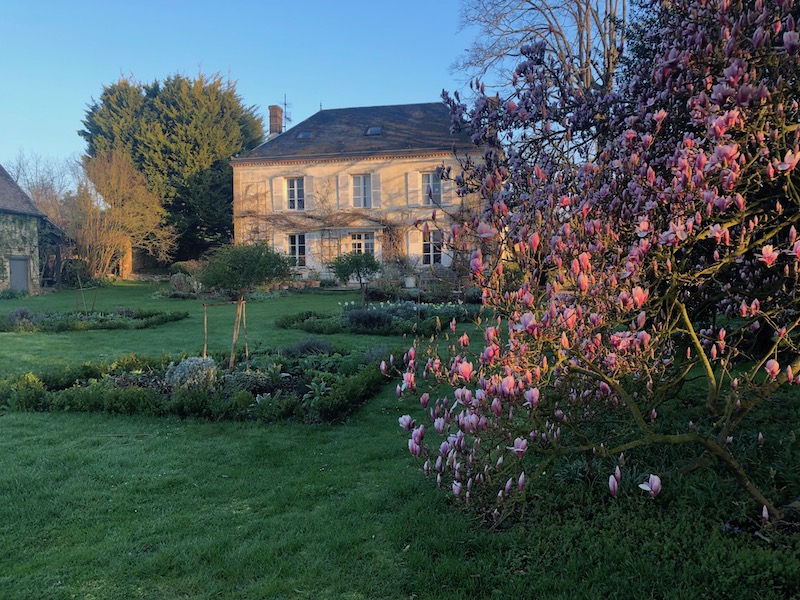 A view of the house and garden of My French Country Home by Sharon Santoni