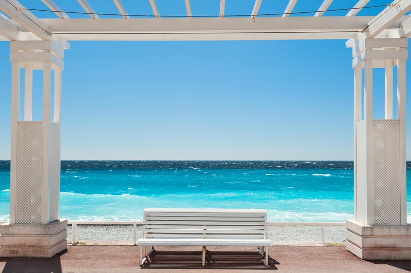 White benches on the Promenade des Anglais in Nice, France
