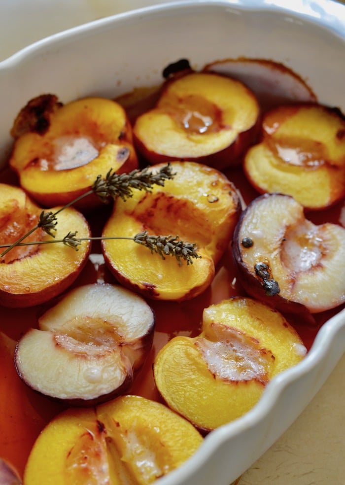 baked peaches with lavender and honey fresh from the oven