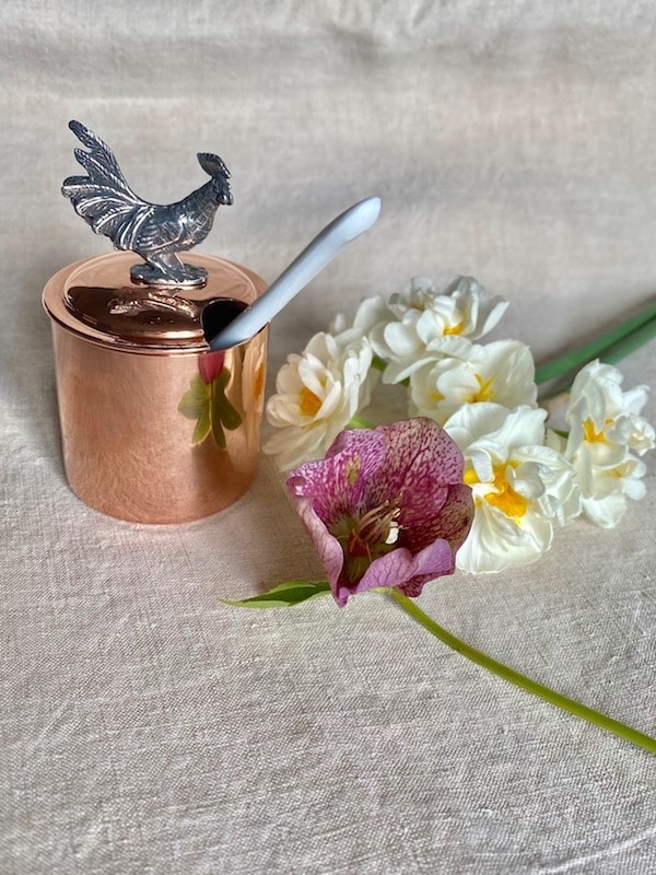 copper mustard pot with cock