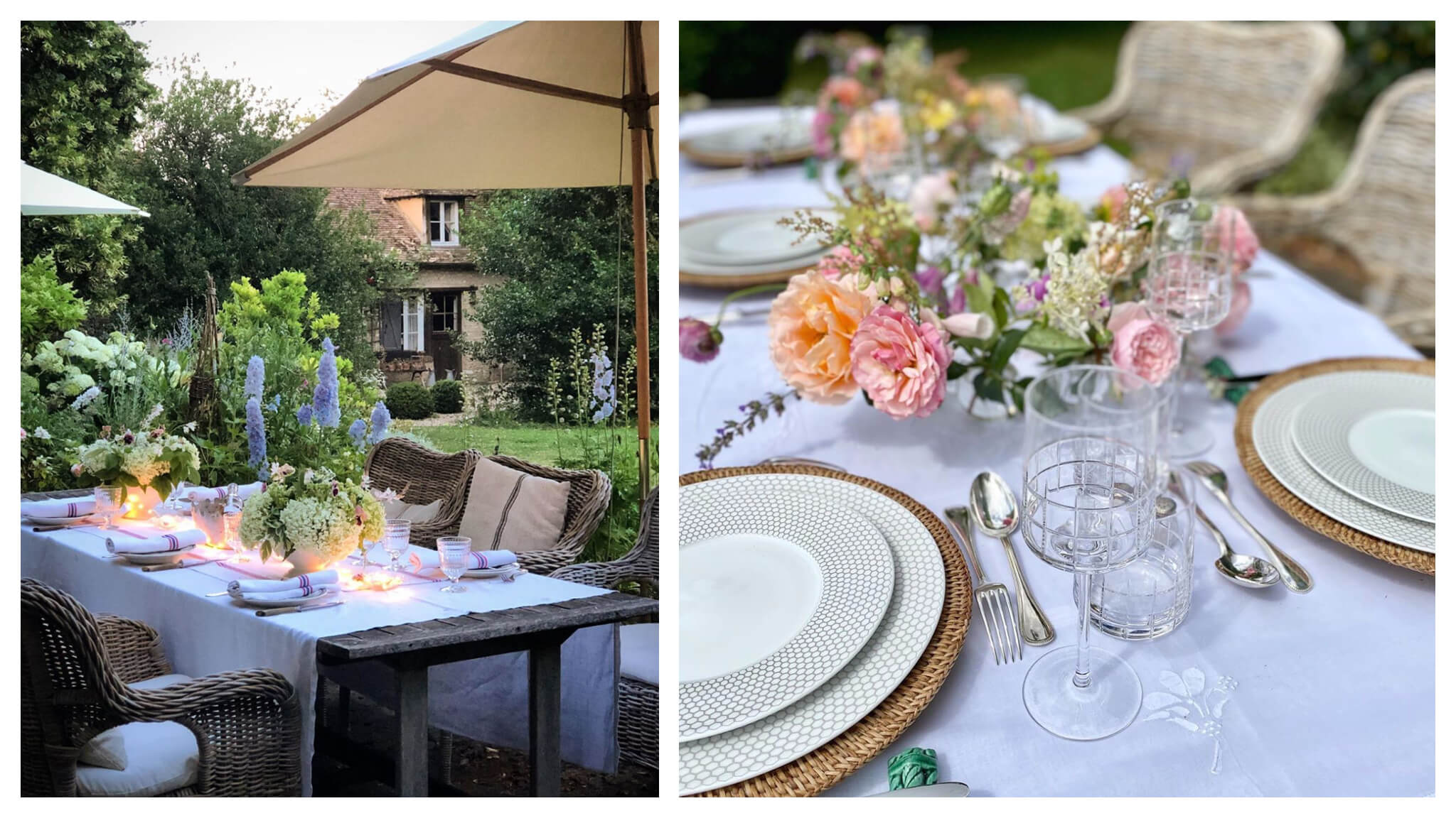 outdoor dining table and tablescape with flowers