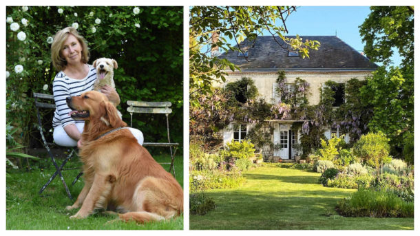 woman with two dogs and french country home