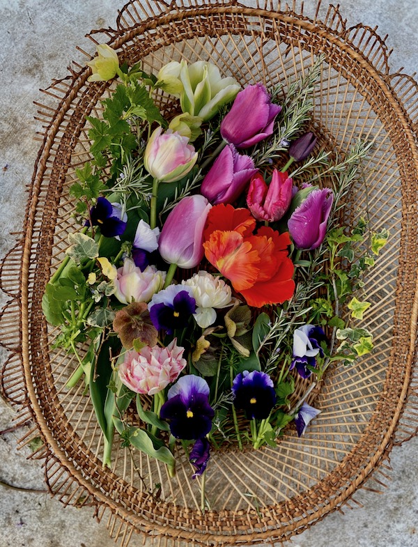 spring flowers in basket