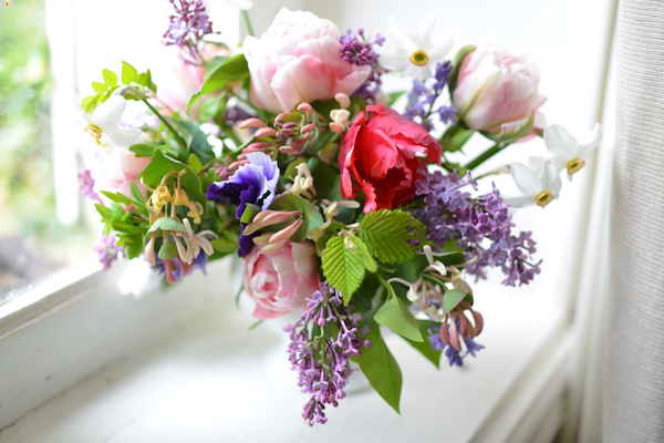 bouquet of tulips and lilac from the garden