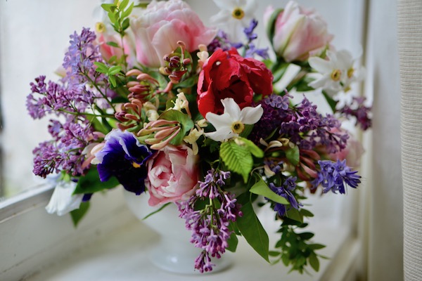 bouquet of tulips and lilac from the garden