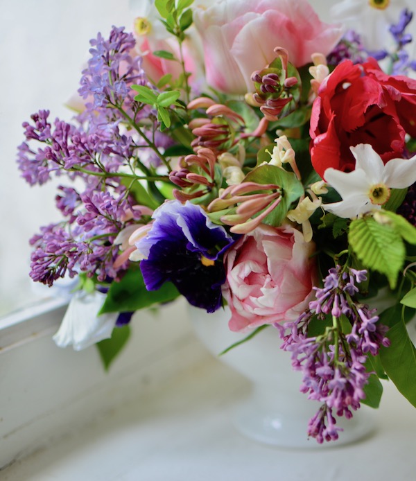 bouquet of tulips and lilac from the garden