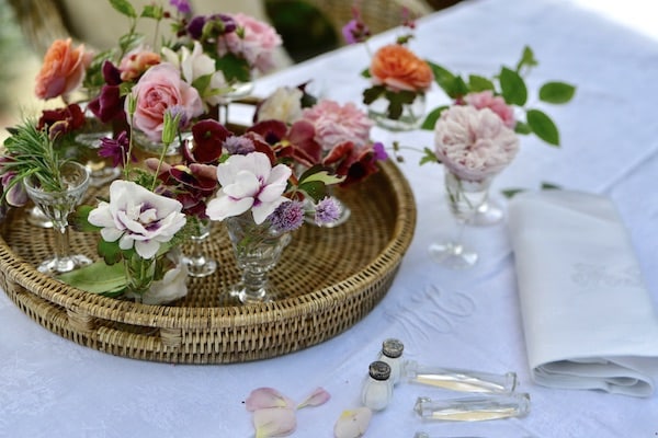 flowers on wicker tray