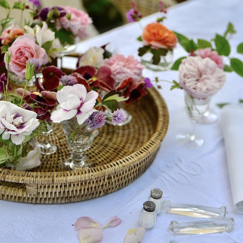 flowers on a tray for a garden party
