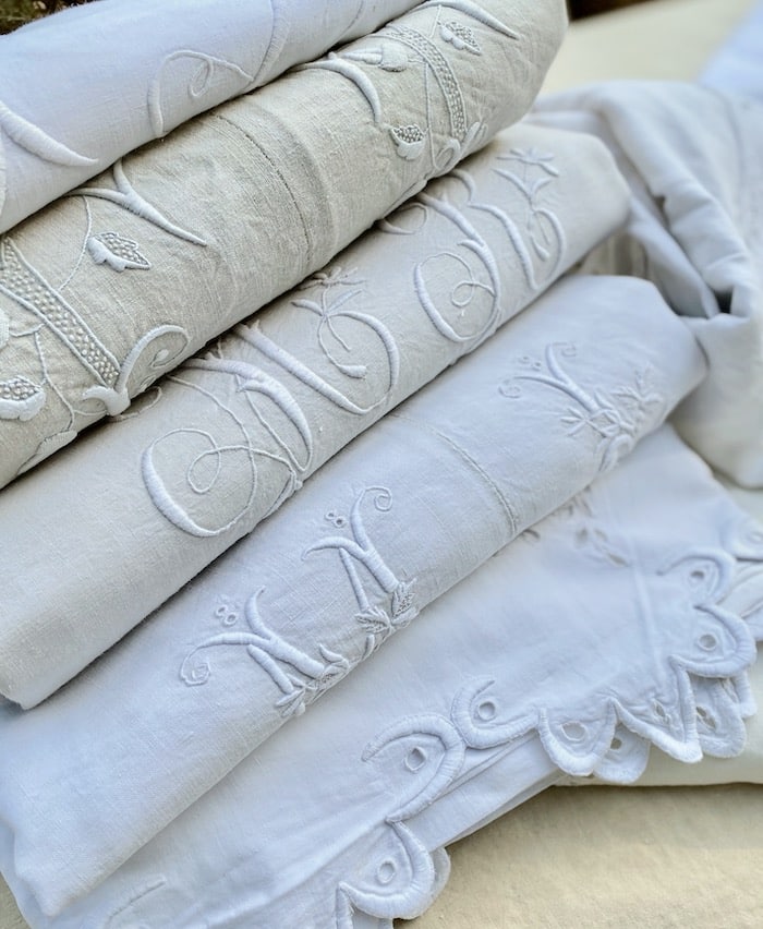 french antique monogrammed bed linen