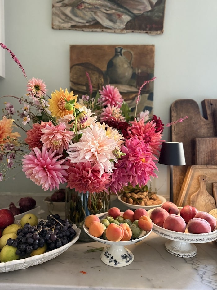 dahlias from the garden in the kitchen